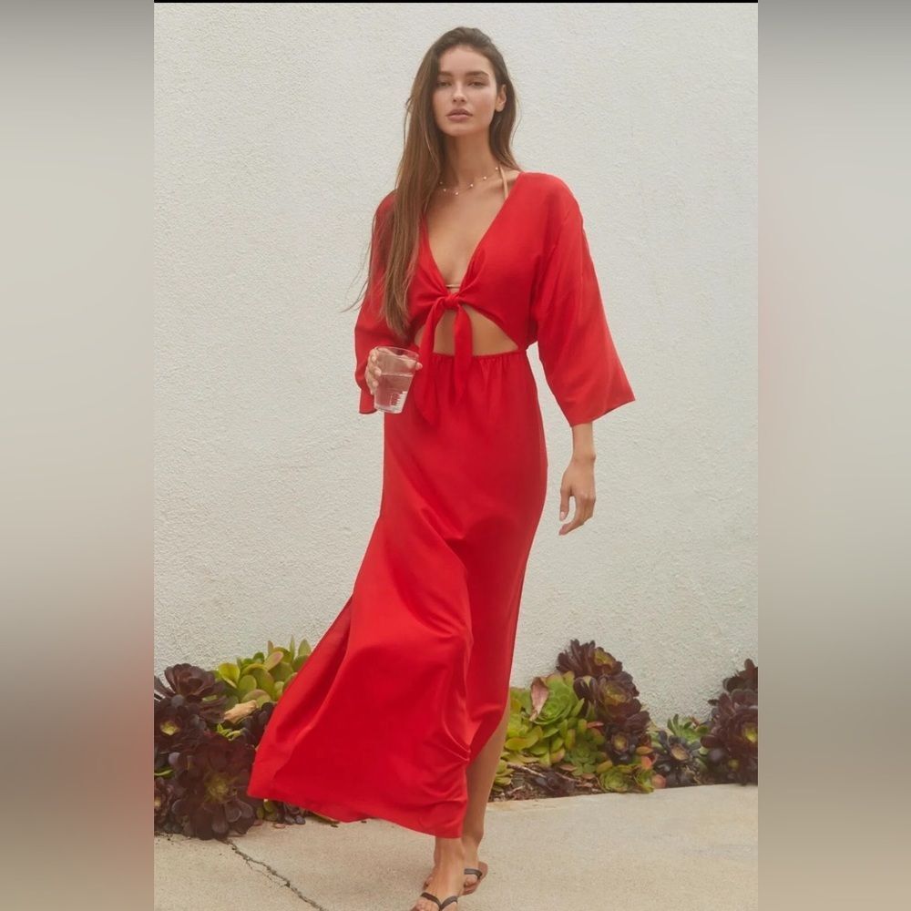 Anthropologie Cut Out Tie Front Cover up Maxi Dress Sz XL in Red